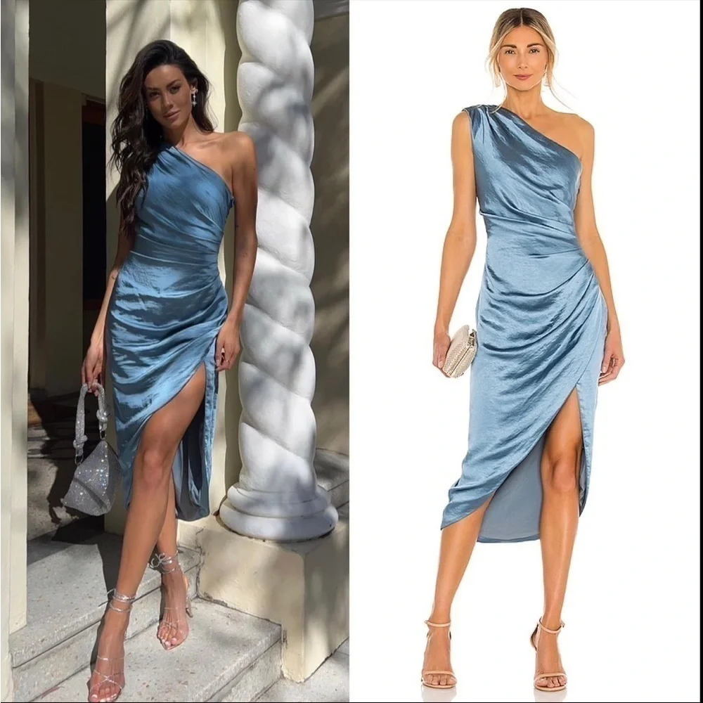 NWT ELLIATT 90s Ruched Satin Sleeveless 1 Shoulder Tulip Wrap Hem Midi Dress‎ XS